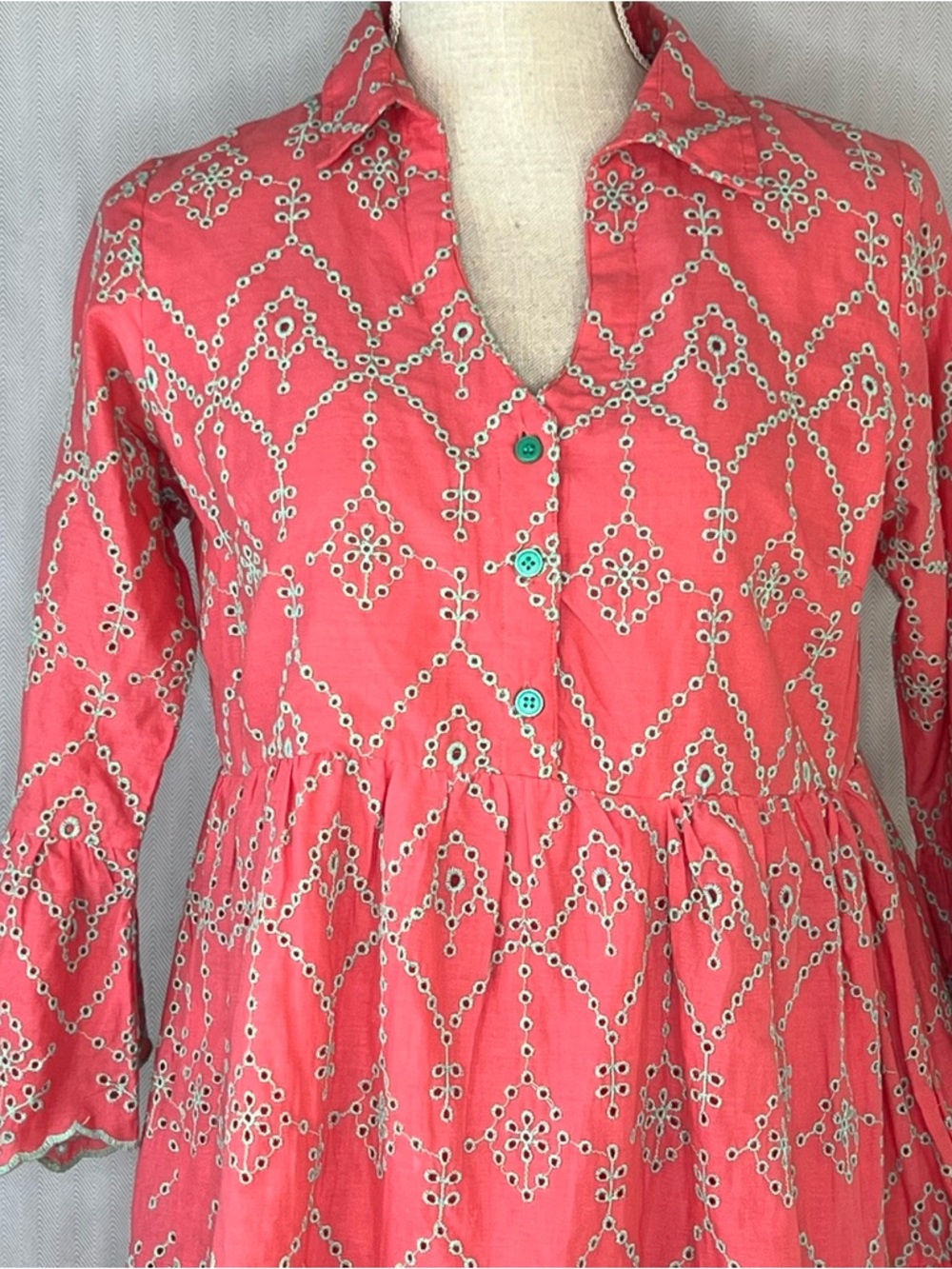 Modaposa Cadenza Dress 100% Cotton Embroidered Eyelet Pink W/Green Accents S ๐ - Picture 2 of 11